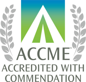 The ACCME logo, a background gradient from blue to green top to bottom with an inverse white stylized "A" that looks like a caret pointing upward with a field of the background inside and a smaller white triangle inside that, sits atop text reading "ACCME Accredited with Commendation" below it. Gray laurels are on the left and ride sides, starting from the baseline of "ACCME" and continuing up to the top of the image.