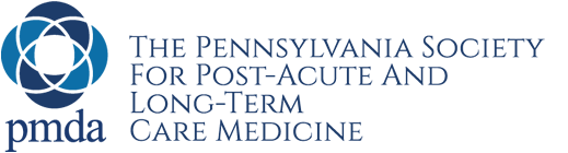The logo for the Pennsylvania Society for Post-Acute and Long-Term Care Medicine includes concentric blue circles in different shades, the letters pmda in lowercase, and the organization's full name.